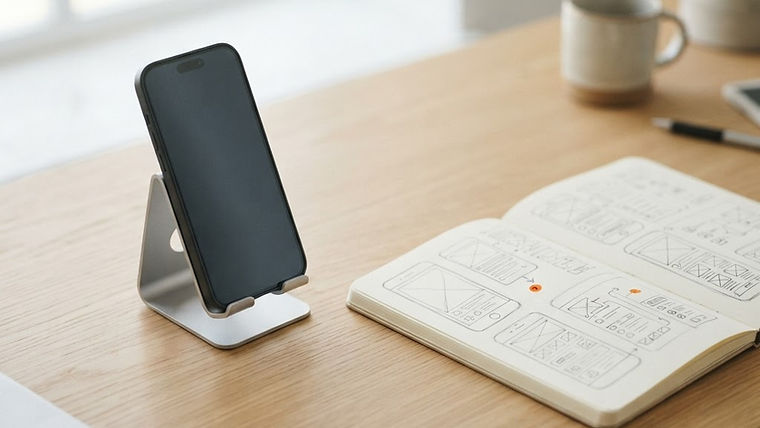 A smartphone on a stand next to a notebook featuring hand-drawn mobile app interface designs