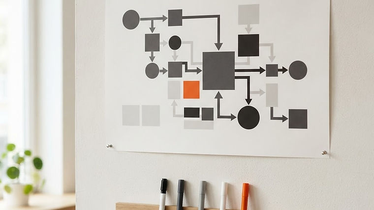 An infographic poster with abstract shapes and arrows without text, mounted on a light-colored wall with pens underneath.