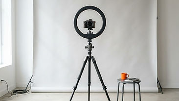 A well-lit studio setup featuring a ring light, a camera tripod, and a clean professional background.