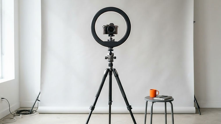 A well-lit studio setup featuring a ring light, a camera tripod, and a clean professional background.