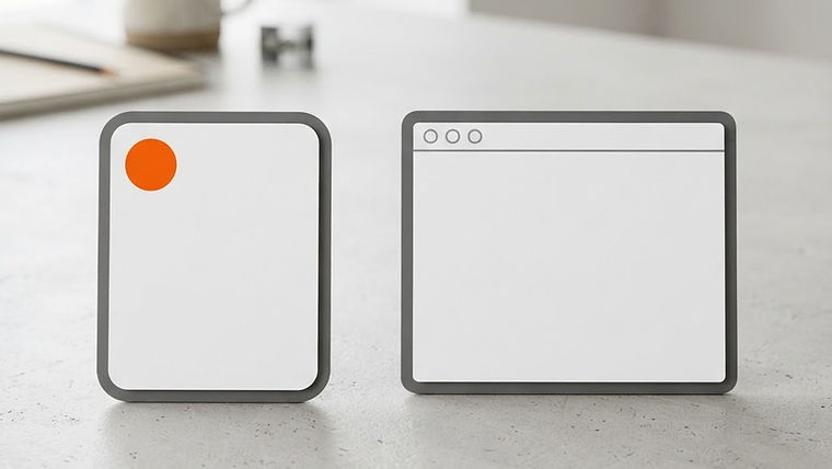 An empty browser frame and a rounded-edge application card on a clean desk with a clear divider.