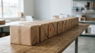 A row of neatly arranged cardboard shipping boxes on a long table, representing an order fulfillment line under soft daylight.