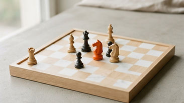 A simple chess setup featuring one orange piece among neutral pieces on a light-colored board