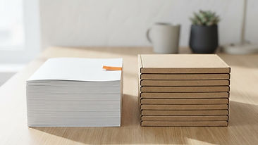 Two organized stacks on a desk: blank brochures and a small cardboard parcel side by side