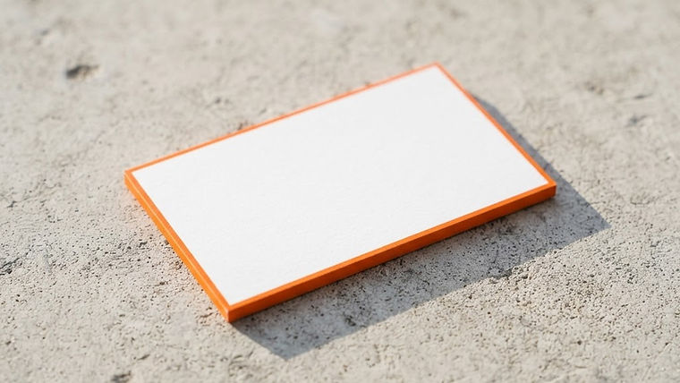 An elegant white business card on a light concrete surface featuring a soft shadow and a vibrant orange edge.