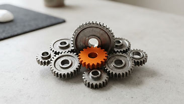 Interlocking metallic gears on a desk featuring one vibrant orange gear among neutral steel ones.