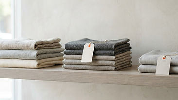 An elegant store shelf featuring neatly folded neutral-toned fabrics and blank price tags under soft, natural daylight.