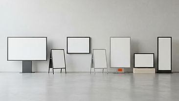 Blank billboards and posters arranged on a studio floor with soft, even lighting.