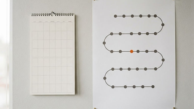 A wall calendar next to a roadmap paper with empty milestone pins on a light-colored wall.