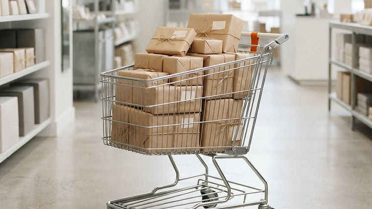 A neat shopping cart filled with cardboard boxes in a bright store aisle with blank labels