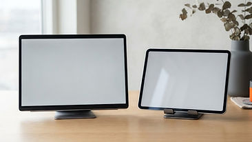 Two side-by-side display boards, one featuring a browser frame and the other a mobile application card interface