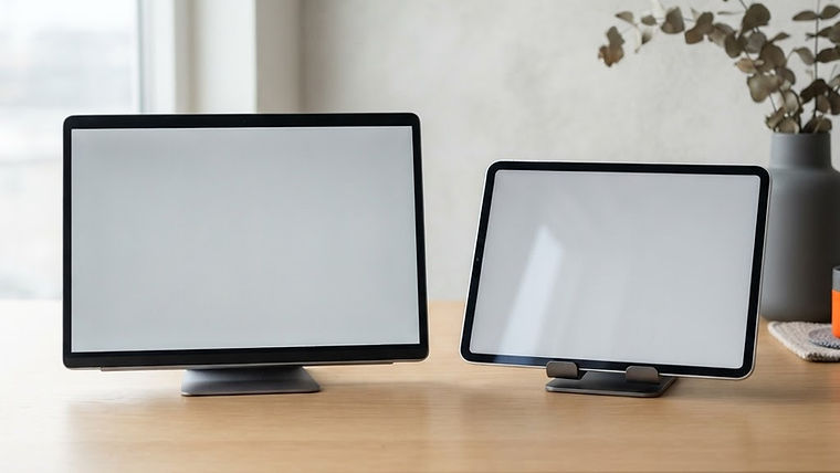 Two side-by-side display boards, one featuring a browser frame and the other a mobile application card interface