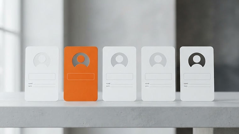 Five blank file cards on a shelf with one orange card