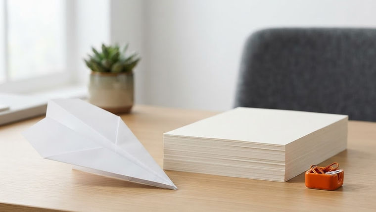 A white paper airplane on a desk next to neatly arranged blank sheets of paper