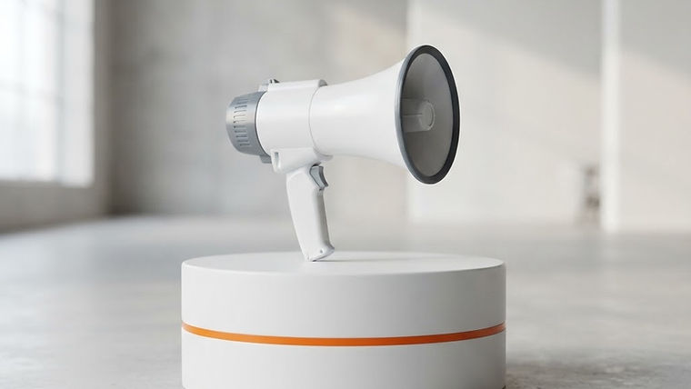A clean, modern loudspeaker on a white base accented with a sleek orange stripe