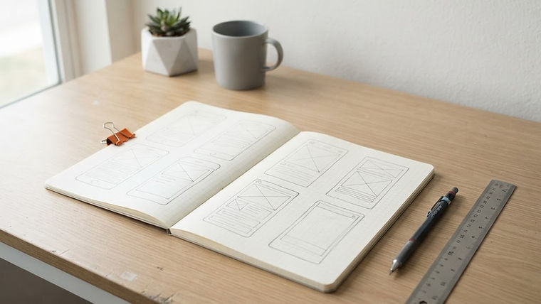 A desk with a notebook featuring hand-drawn website wireframe sketches