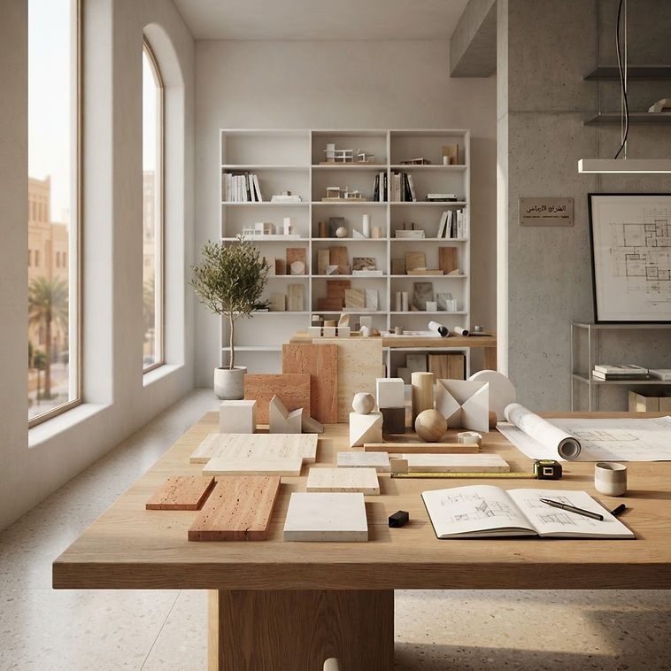Premium architectural studio with white and terracotta stone models