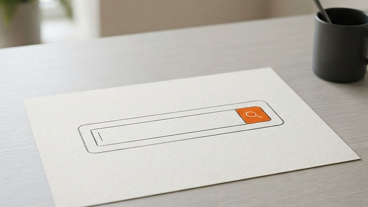 A minimalist desk scene featuring a hand-drawn blank search box card and a simple button icon.