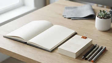 An open empty notebook placed beside organized page drafts and pens on an editorial desk.