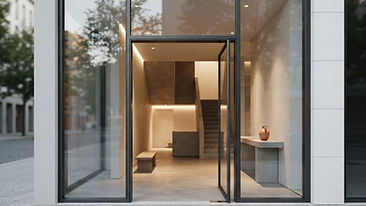 A modern, minimalist storefront featuring a glass facade and warm interior lighting with no signage visible.