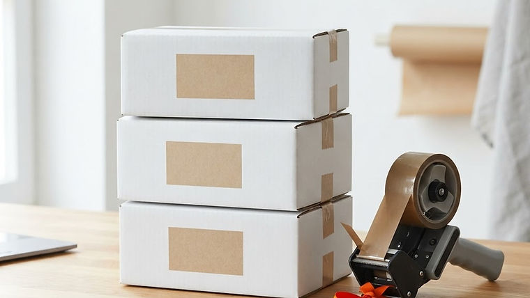 White shipping boxes neatly arranged on an e-commerce order processing table