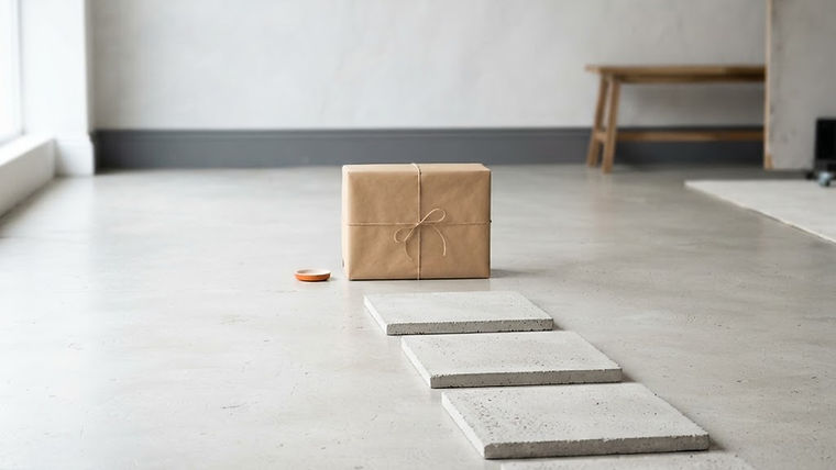 A path of six empty tiles on a studio floor leading toward a single cardboard package.