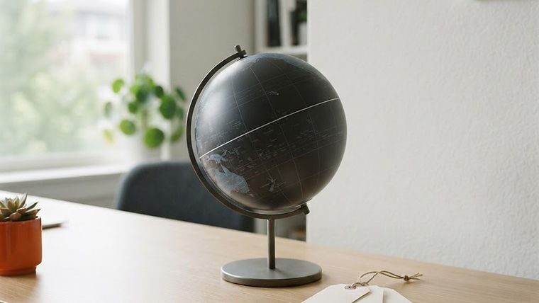 A small globe on a desk next to blank shipping labels with soft natural window lighting
