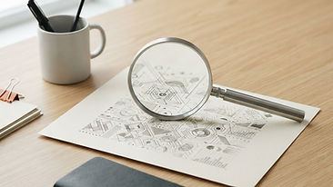 A magnifying glass positioned over abstract charts and graphs on an organized office desk