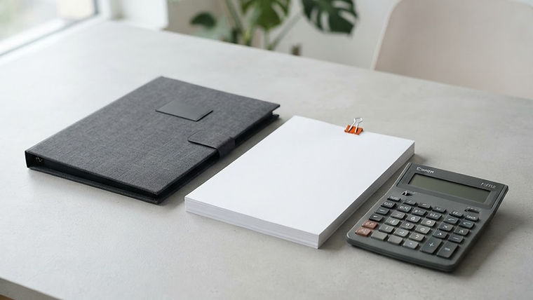 Office desk with a closed feasibility study file, a stack of printed documents, and a classic calculator.