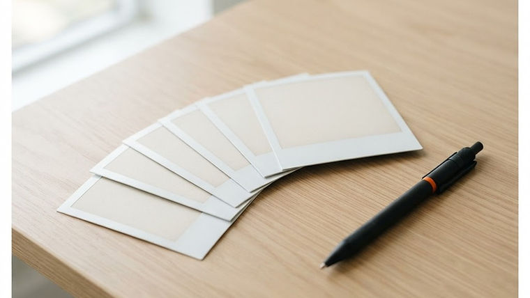 Empty fan-shaped polaroid frames on a tidy desk with a pen and soft lighting