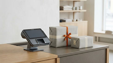 A clean checkout desk with a blank payment terminal screen and a neatly organized delivery package beside it.