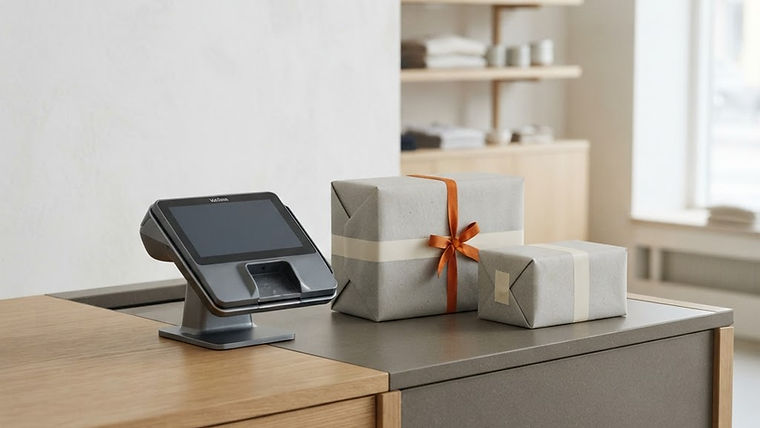 A clean checkout desk with a blank payment terminal screen and a neatly organized delivery package beside it.