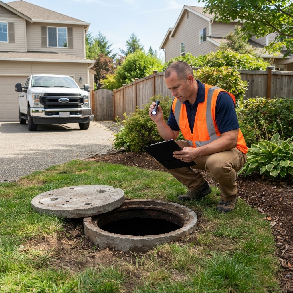 Septic inspector with a clipboard and flashlight checking a septic tank lid and riser