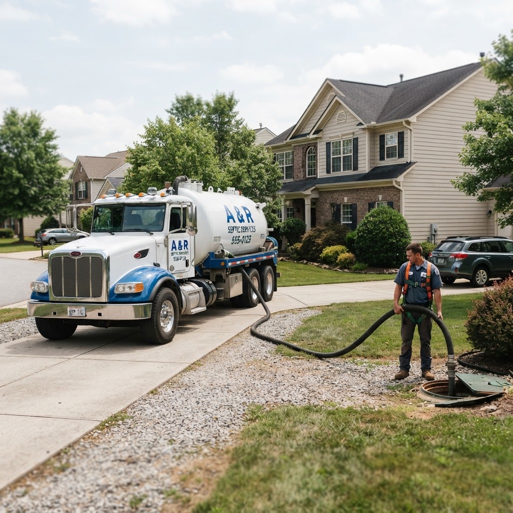 Septic pumping truck and technician servicing a tank at a residential home