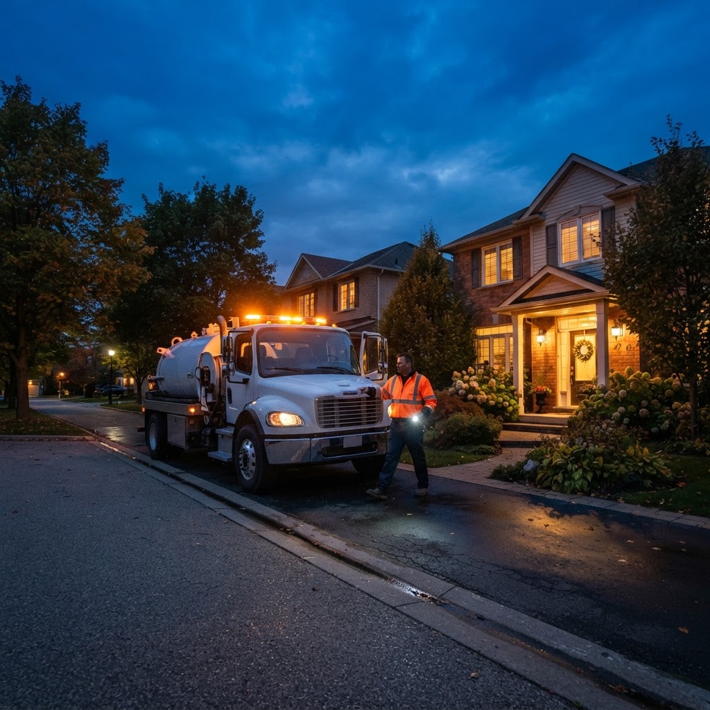 Septic service truck with amber lights arriving at a home at dusk for an urgent call