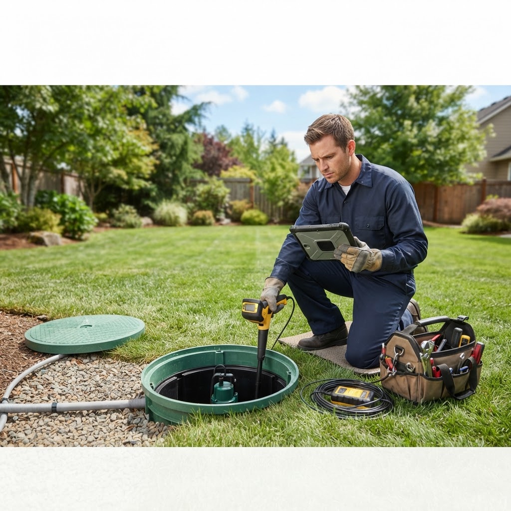 Septic technician diagnosing a septic pump and control panel at an open access riser