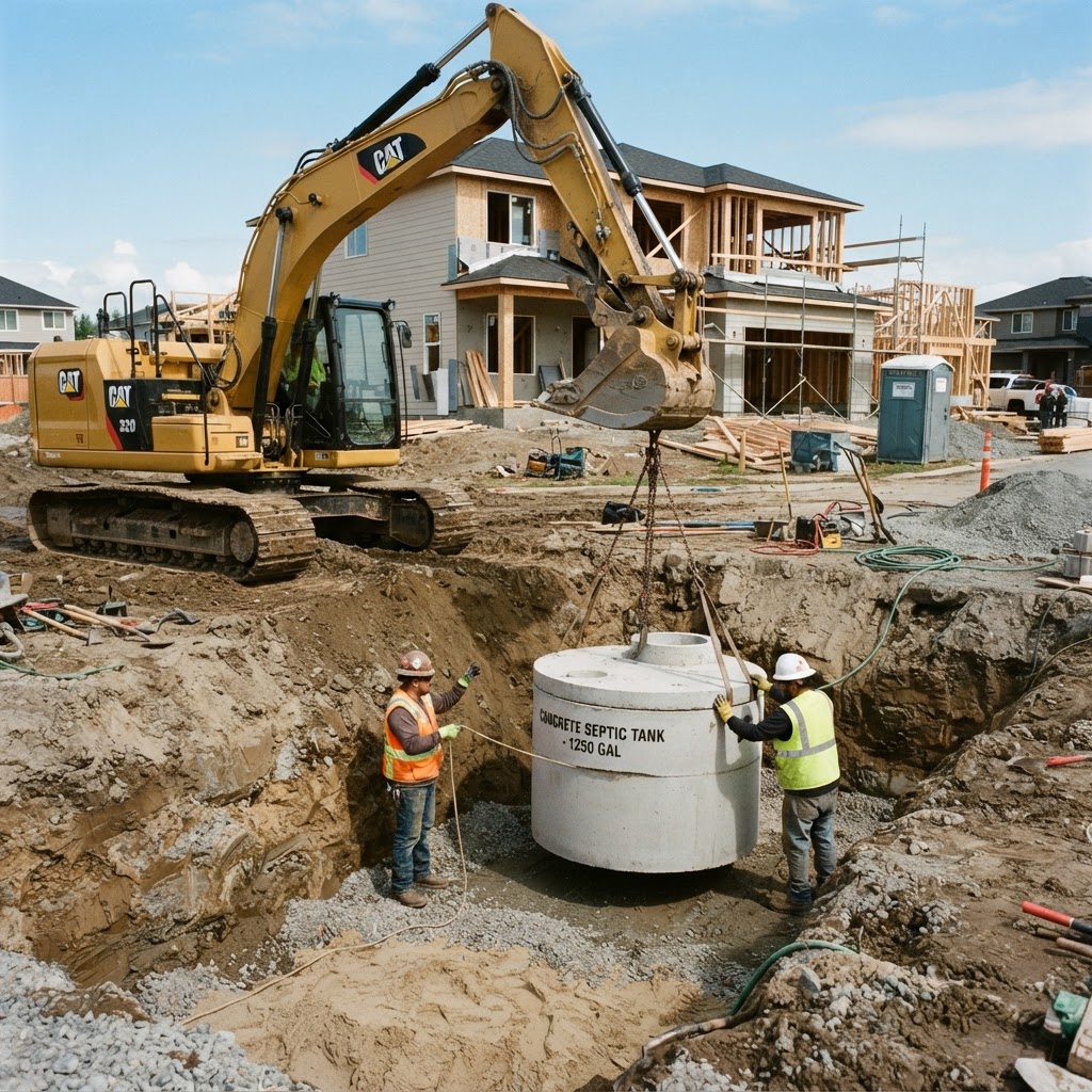 Excavator lowering a new concrete septic tank into an excavation at a residential site