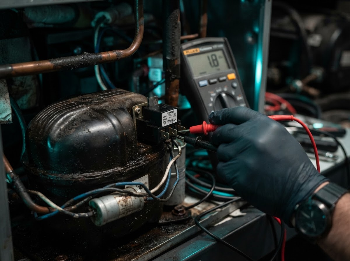 Technician testing a refrigerator compressor start relay with a multimeter