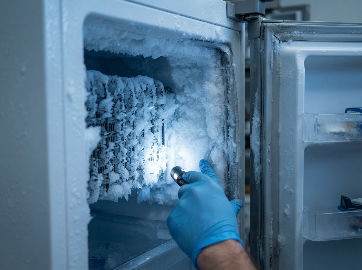 Frost buildup inside a freezer compartment being inspected by a technician