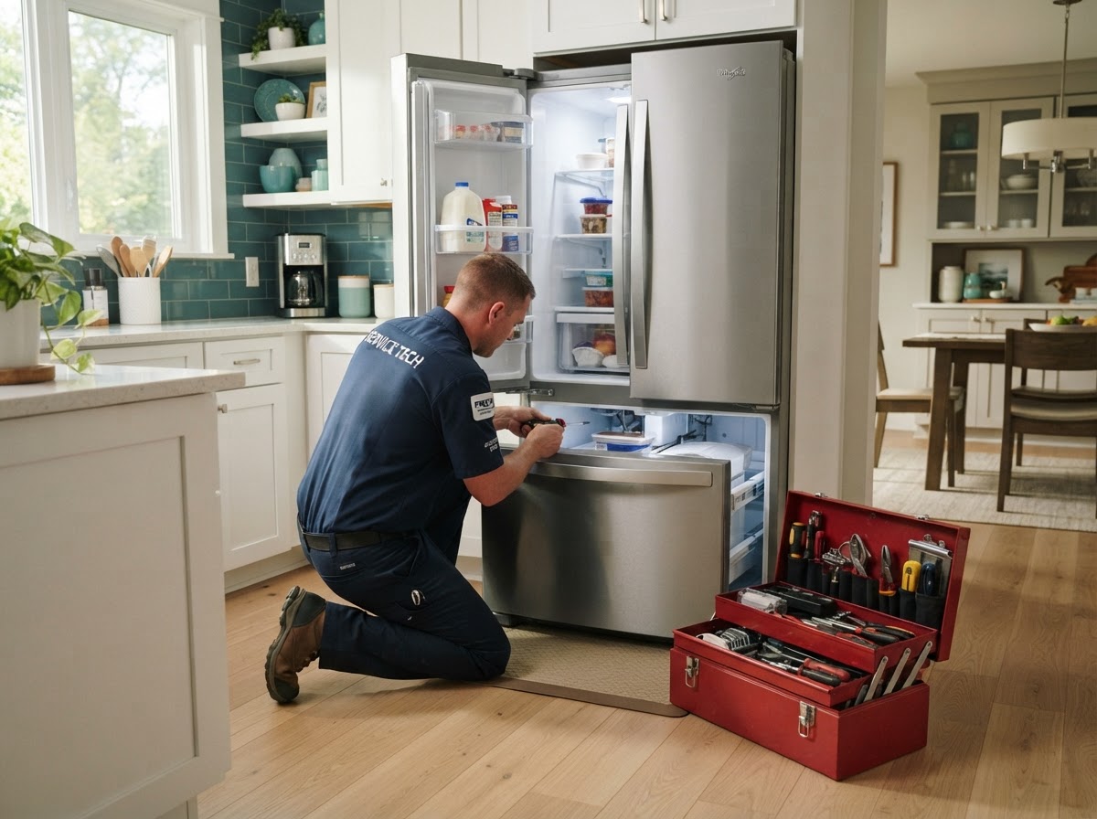 Local refrigerator repair technician with a toolbox in a Ventura residential kitchen