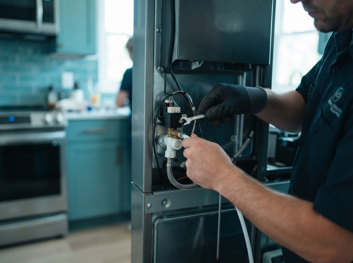 Technician repairing a refrigerator water dispenser solenoid valve and water line