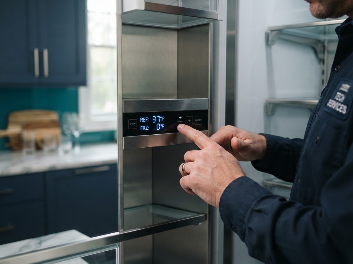 Refrigerator repair technician adjusting a digital thermostat in a Ventura residential kitchen