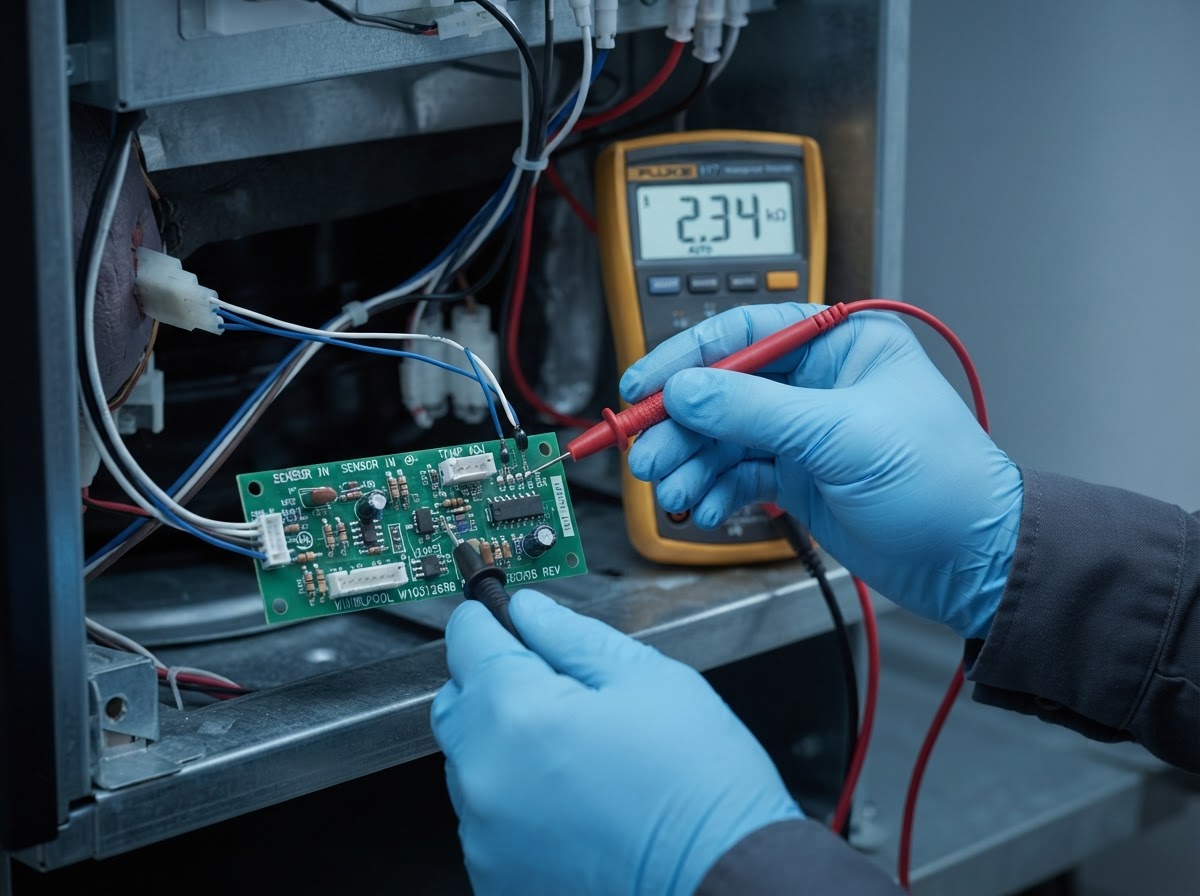 Technician testing a refrigerator temperature sensor thermistor with a multimeter