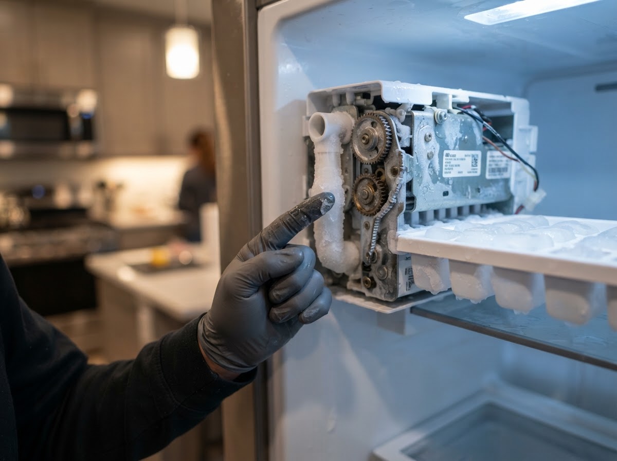 Technician inspecting a refrigerator ice maker assembly and frozen fill tube