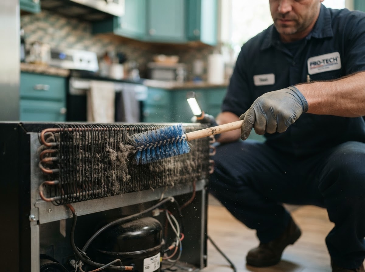 Technician cleaning dusty condenser coils at the back of a refrigerator