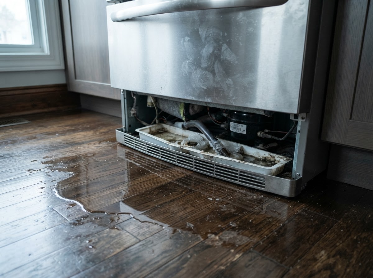 Water pooling on a kitchen floor beneath a stainless steel refrigerator