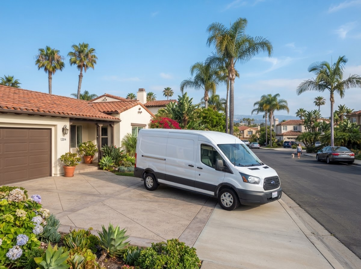 Local refrigerator repair service van parked in a sunny Oxnard, California neighborhood