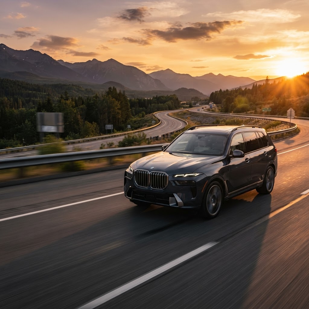 Carro em estrada ao pôr do sol