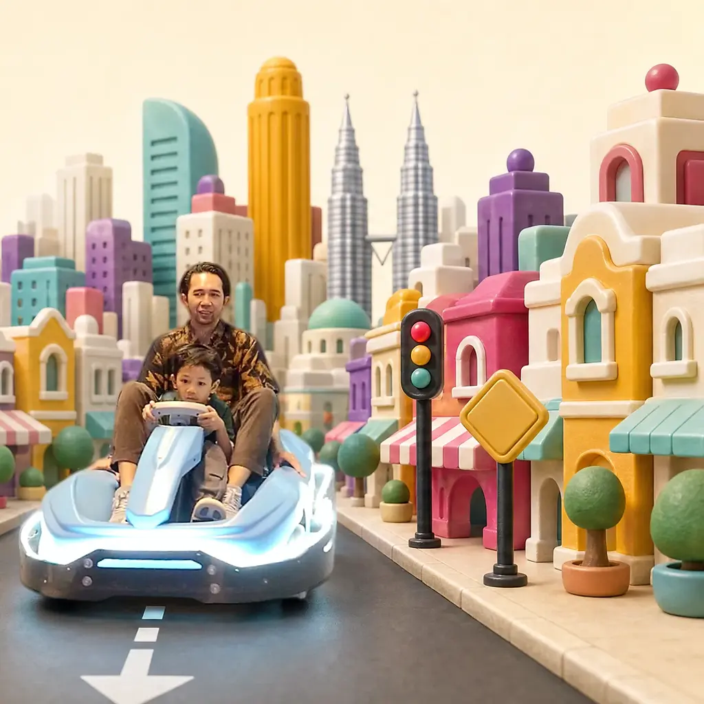 A parent and child driving a light-blue electric go-kart down a road through a colourful toy city with the Petronas Twin Towers in the background.