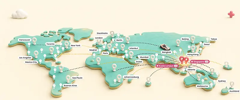 An isometric world map dotted with VroomTown city markers across Asia, the Middle East and Australia, with live pins on Kuala Lumpur and Singapore.